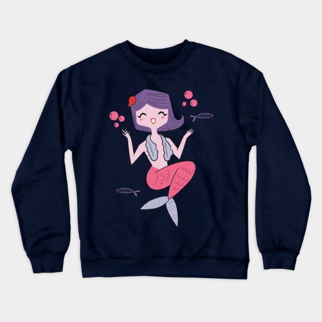 Cute Mid Century Modern Inspired Mermaid Drawing Crewneck Sweatshirt by MariOyama